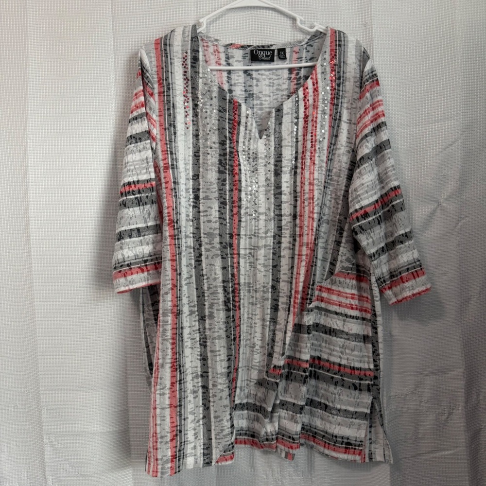 Onque Casual Tunic Waffle Knit Sequin Striped 3/4 Sleeve Top 3X Boho